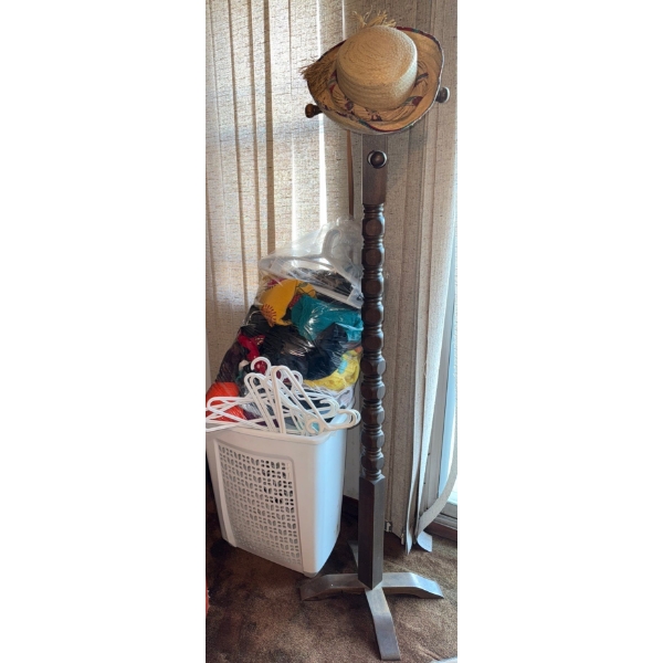 Oak Spindle Coat Tree w/ Straw Hat Laundry Needs & Big Bag Of Mystery Threads 