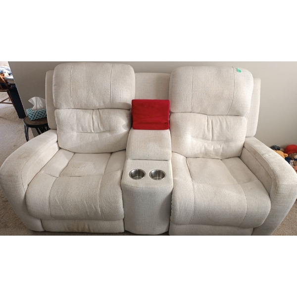 White Upholstered Reclining Two Seater Loveseat w/ Controlled Electric Reclining & Cup Holders  Well