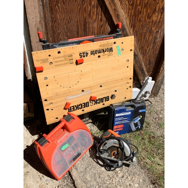 Black+Decker Workmate 425, Ridgid Circular Saw, Mastercraft Nailer & Case
