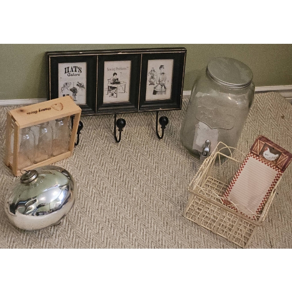 Home Decor Items Including Glass Jars and Wall Hook Rack