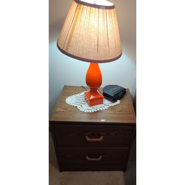 Nightstand 20.5 W, 16 D, 21.5 T, Ceramic Lamp 4 X4 Base, 23.5 T to Top of Finial, Sony Alarm ICF-C12
