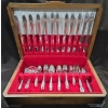 Image 1 : Wooden Cutlery Case Prevent Tarnish Container Red Velvet Lined Interior Filled W/1847 Rogers Cutlery