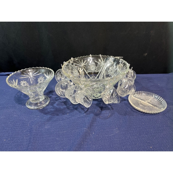 Crystal Punch Bowl, Pickle Dish, and Vase