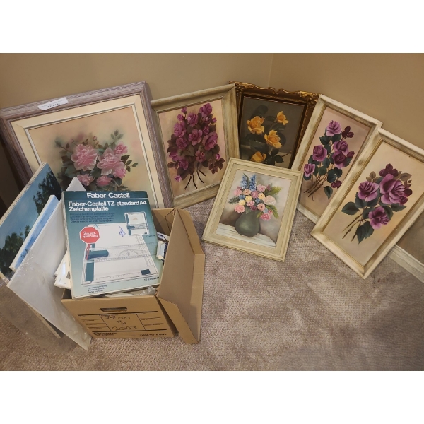 Assorted Framed Paintings, Pink Roses 22 w 26 1/2 h, Blank Canvases, Paint & more