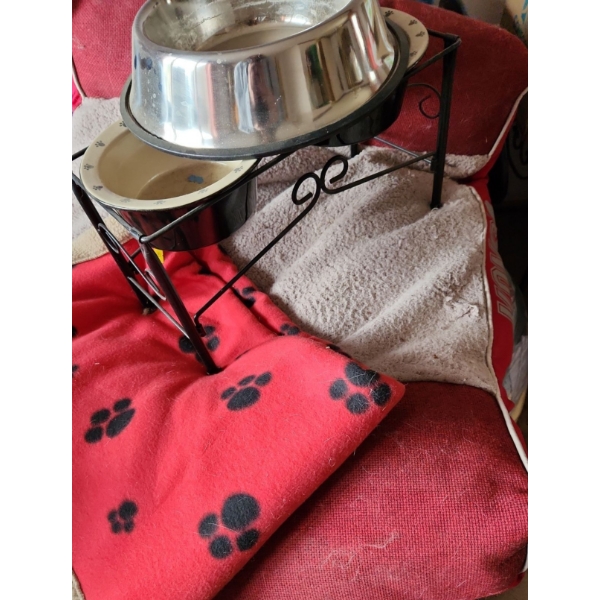 Kong Pet Bed 34 X 30, Blanket, Elevated Ceramic Dishes, Stainless Steel Bowl (All Used)