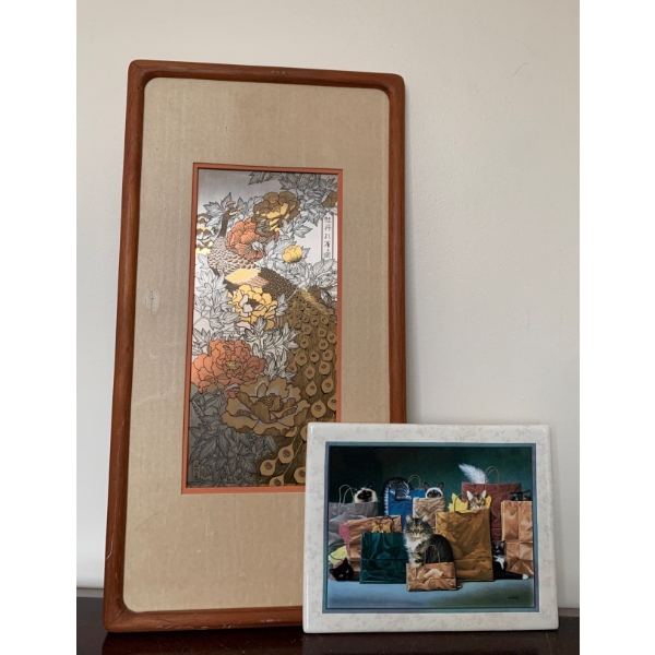 Franklin Mini Sun Bird & The Peony Tree Metallic Etching Art 14x20 w/ Bradford Exchange Tile Art 