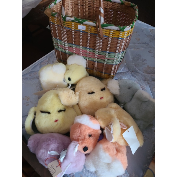 Basket with Seven Assorted Sheepskin Handcrafted Bunnies 