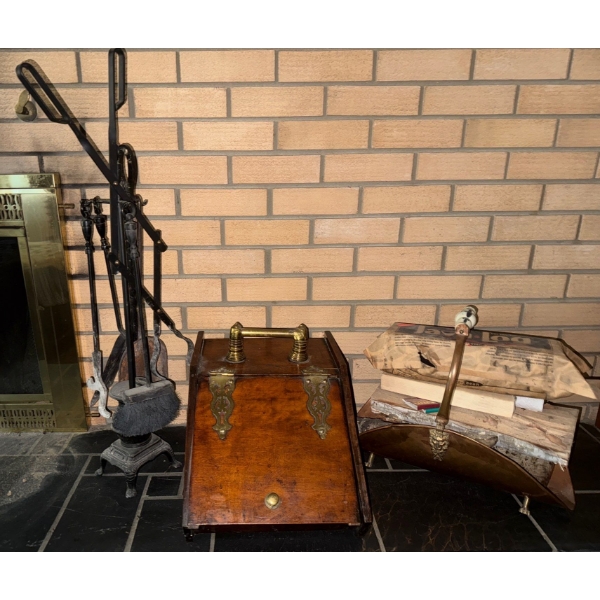 Fire Tending Tools, Brass Log Keep, & Antique Coal Scuttle 