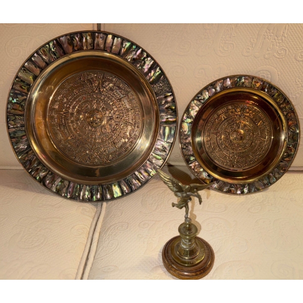 Vintage Mexican Alpaca Mayan Calander Plates w/ Mother of Pearl Border & Small Brass Cupid