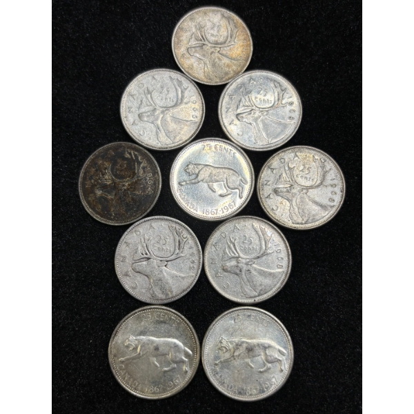 Silver Canadian Quarters x10 variety of dates .800 58.1 g
