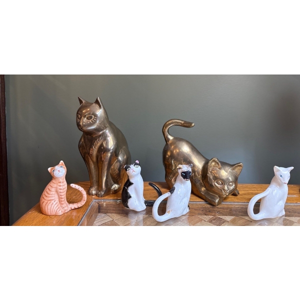 Solid Brass Cats (Pair, Tallest is 7.5 Inches) Plus Assortment of 4 Bone China Cats (Damage) 
