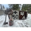 Image 1 : antique tractor seat with antique gas can axe and two road signs 50 and up and camping great for any