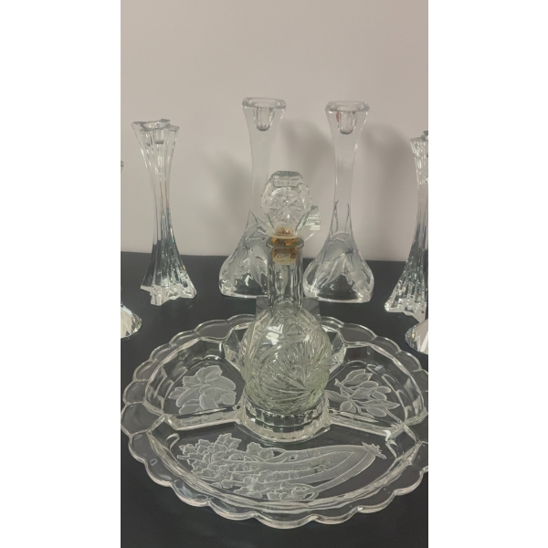 Crystal Lot with Candle Holders, Decanter, and Etched Divided Platter