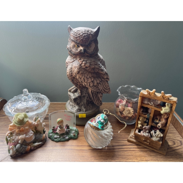 Large Ceramic Hand painted Owl Figurine w/ Collectible Bonus Extras 10" tall