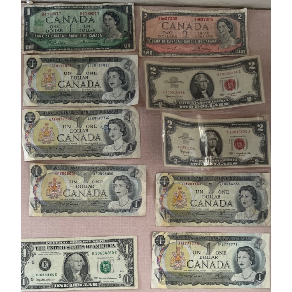 North American Vintage $1 + $2 Dollar Banknotes (Canada + USA)