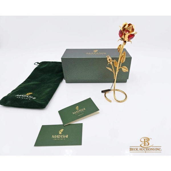 Matashi 24K Gold Plated Rose Flower Tabletop Ornament with Red Crystals 