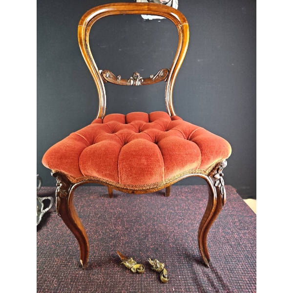 Victorian Balloon Back Chair with Red Upholstery and Brass Casters