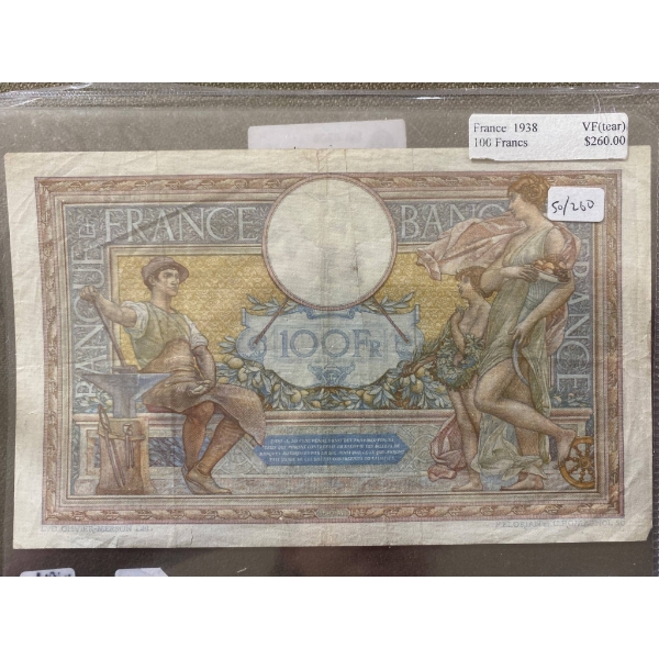 France 1938 100 Francs Banknote in VF (Tear) Condition