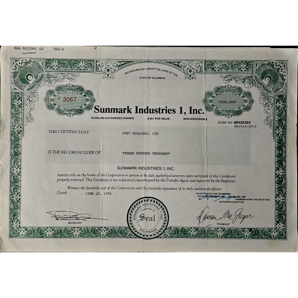 Vintage Stock Certificate (1996, Sunmark Industries 1, Inc.) #1