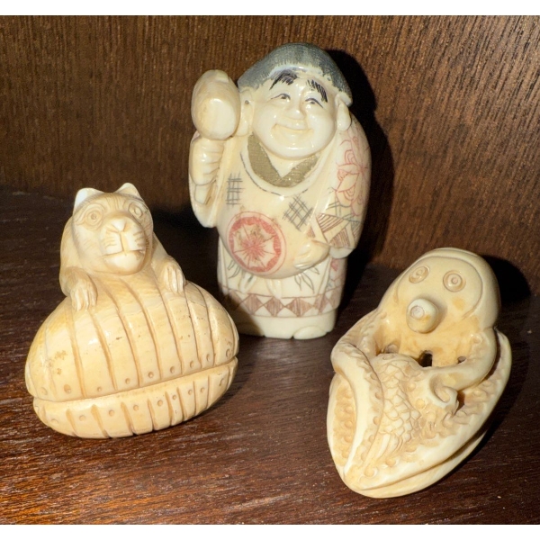 Hand Carved Ivory Okimono Figures 2.5T (3)