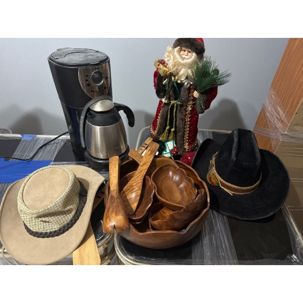 House Misc. - Santa, Coffee Maker, Wood Bowls, Pair of Cowboy Hats (Size M) 