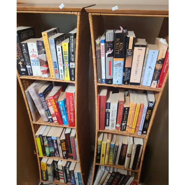 Two Woven Shelving Units w/ Metal Feet and MDF Top 16 W, 16 D, 53 T, Books Included!