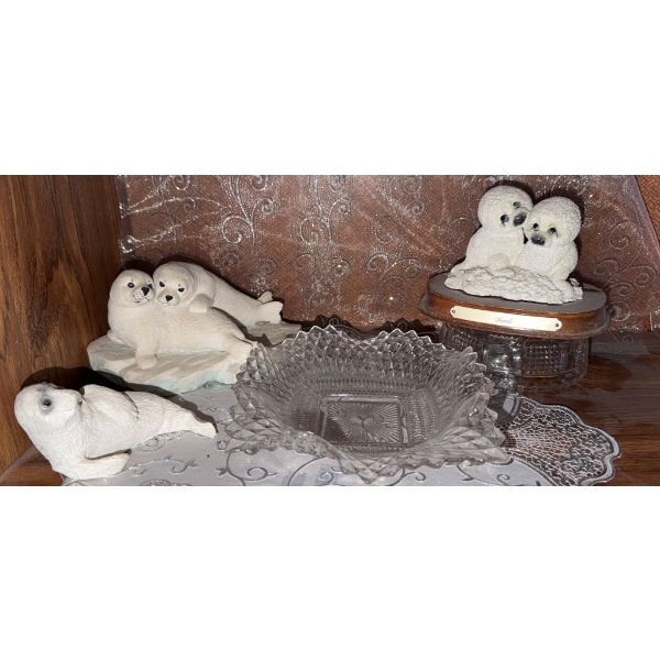 Seal Figurines and Cut Glass Bowl Set