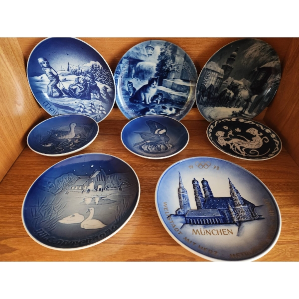 German and Danish Decorative Blue and White Porcelain Plates, Largest 7.5 Inches