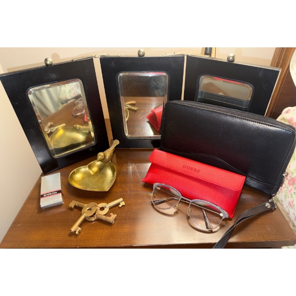 Ladies Accessory Lot - Brass Trinket Dish Tri Folding Mirror Skeleton Keys Eye Glasses & more