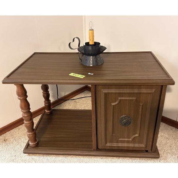 Small Wooden Side Table w/ Electric US Tinware Light, Table is 20W, 17T 