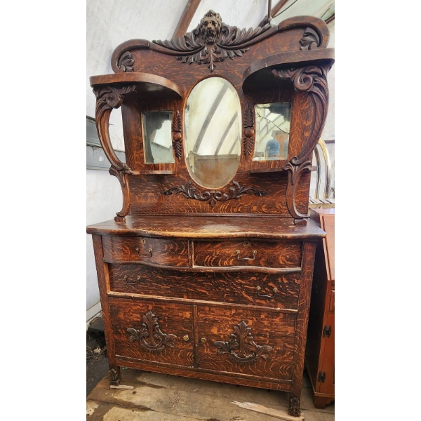 Two-Piece Wooden Hutch and Dresser With Ornate Carvings and Claw Feet