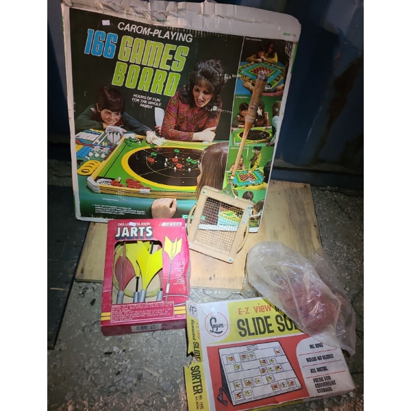 Vintage Board w/ 166 Games, Jarts, Racquet, Projector Slides Holder