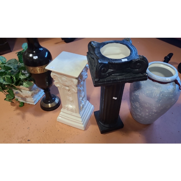 Ceramic Pillars 19 T Plus Base/ Pot, Brown Vase 25 T, Also Includes Blue Vase and Plants