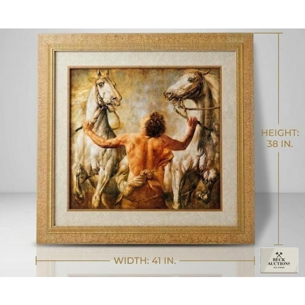  "Furiose" Art Print Featuring A Classical Scene Of A Man Restraining Two White Horses 38''H, 41''W