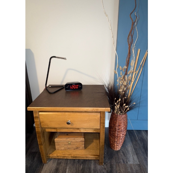 Bed Side Table w/ Alarm Clock & Night Light ++ Wicker Basket Decor  23x16x26"tall