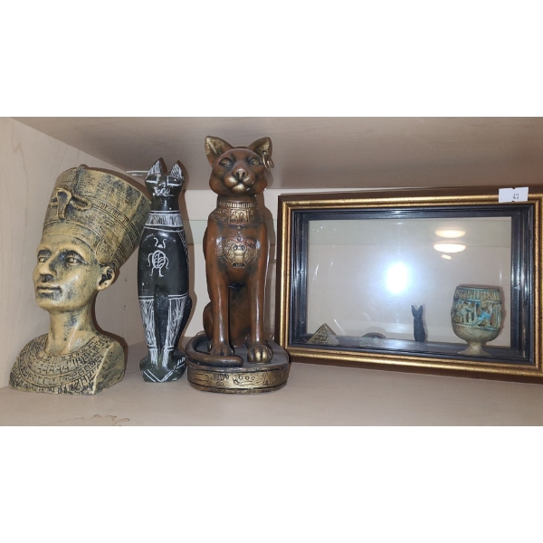 Egyptian Statues- Tallest Cat 8 T, Frame with Sphinx 12 X 12 and Shadowbox 