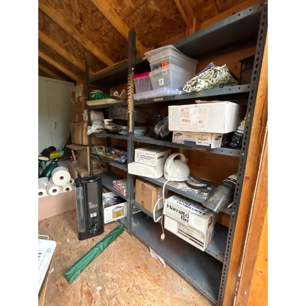 Two metal shelves with contents, kitchen supplies, vacuum several small bins, enamel cookware, kids,