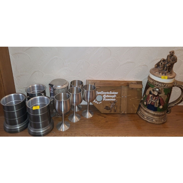 Assorted Barware Including Large Stein (Small Chip on Hat as Shown), Decorative Bottle and More!