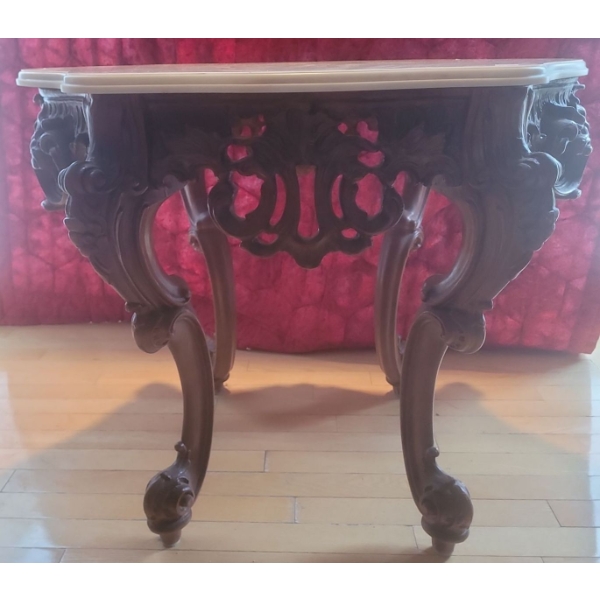 Antique Ornate Art Nouveau Wooden Side Table w/ Marble Top - 30W, 24D, 25T