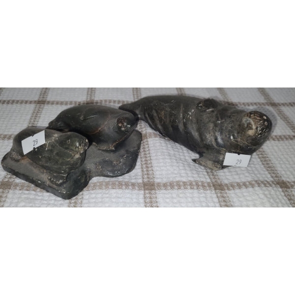 Soapstone Carvings by Jay Reddie, Numbered: Seals on Rock 4 W, 4 D, 1.5 T-  Seal 6 W, 3 D, 2 T 