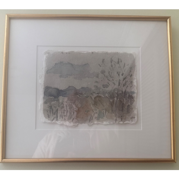 Framed Watercolor Landscape on Paper With Gold Frame