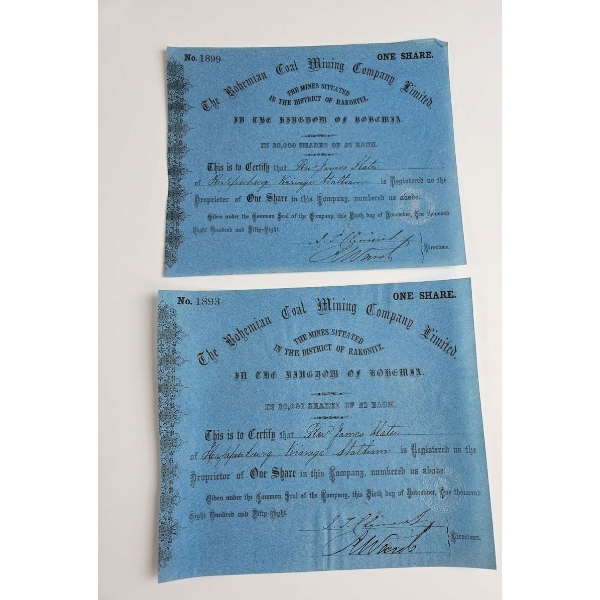 Vintage Stock Certificates For "The Bohemian Coal Mining Company Limited," dated November 1858.