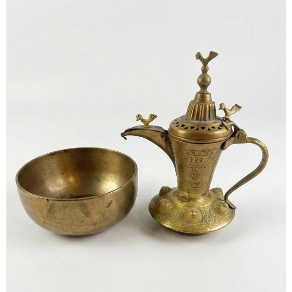 Brass Dallah with Engravings and a Bowl