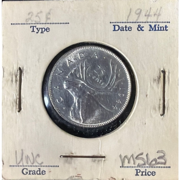 1944 MS63 UNC Canadian Quarter 80% Silver