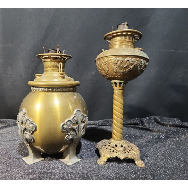 "The Miller Lamp" Brass Oil Lamp and Ornate Pedestal Oil Lamp with Claw Feet
