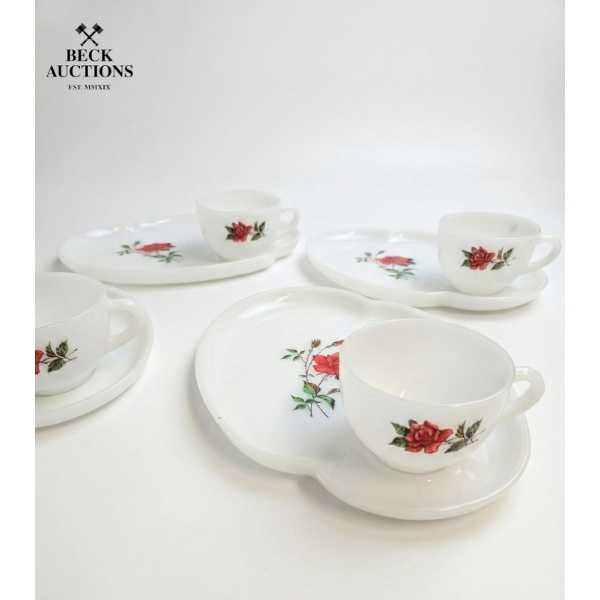 Vintage Federal ROSECREST Milk Glass set of 4 Snack Plates and 4 Cups Red Rose