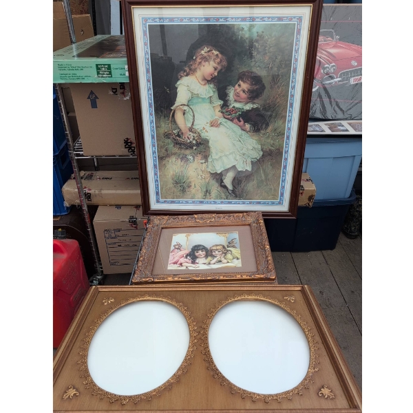 Framed Victorian-Style Prints and Double Oval Photo Frame