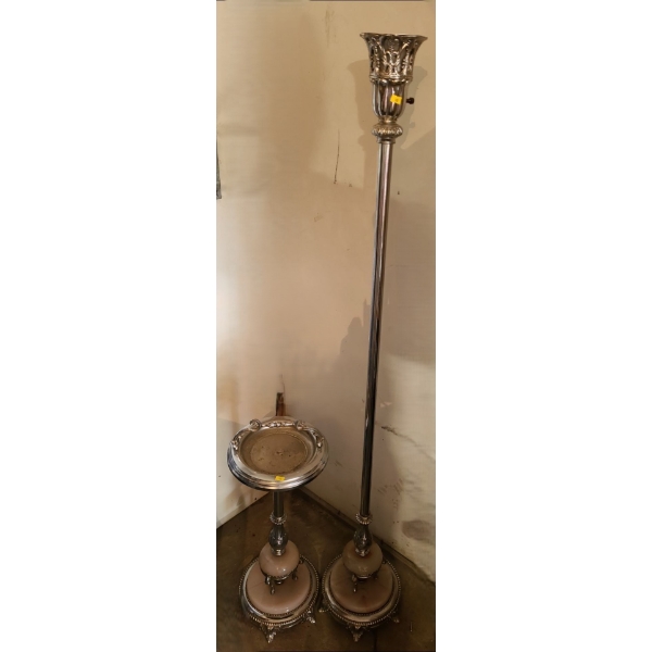 Vintage Floor Base Ashtray 29 T and Matching Tall Lamp 62 T w/ Frosted Glass/ Roses Light Shade 
