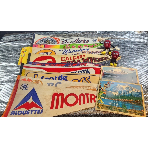 Charming Souvenir Pennants, "The Raisins" Posable Figures and Quaint Mountain Scene Pictures