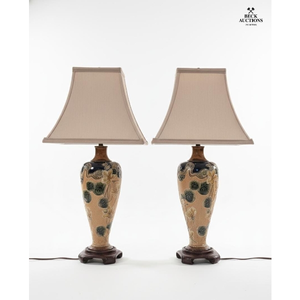 Pair of Royal Doulton Slater 13''Tall Vase 6766 Mold BB2 1902-1914 Stone Ware Snake Skin Art Nouveau